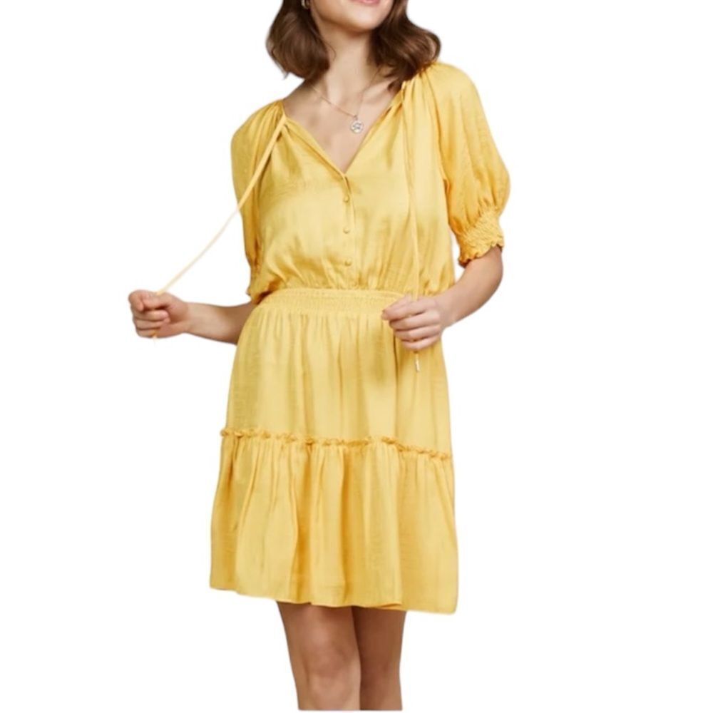 Skies Are Blue Yellow Ruffle Jacquard Tiered Mini Dress New With Tags Size Small